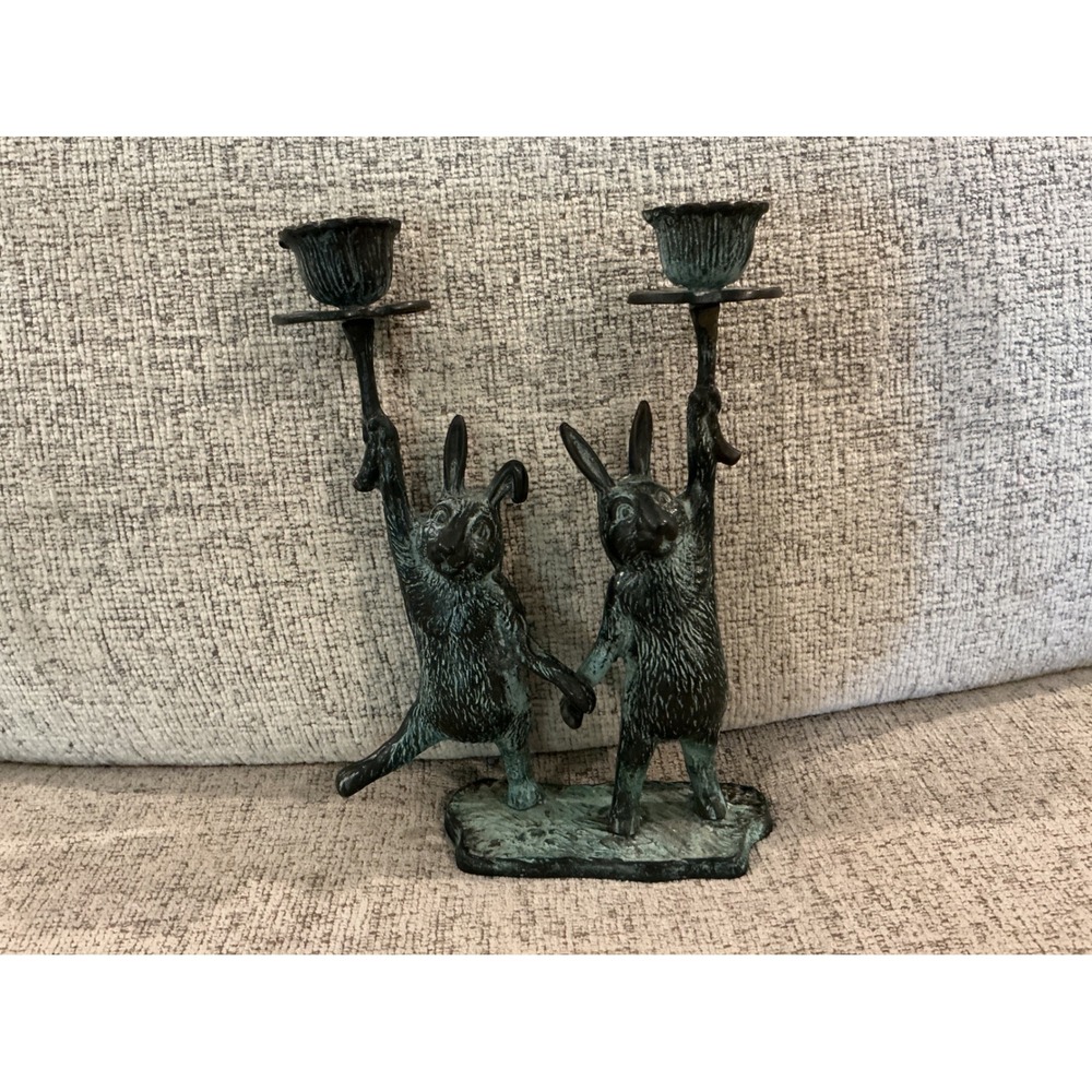 Vintage Style Bronze Verdigris Dancing Rabbits Double Candlestick Holder Korea